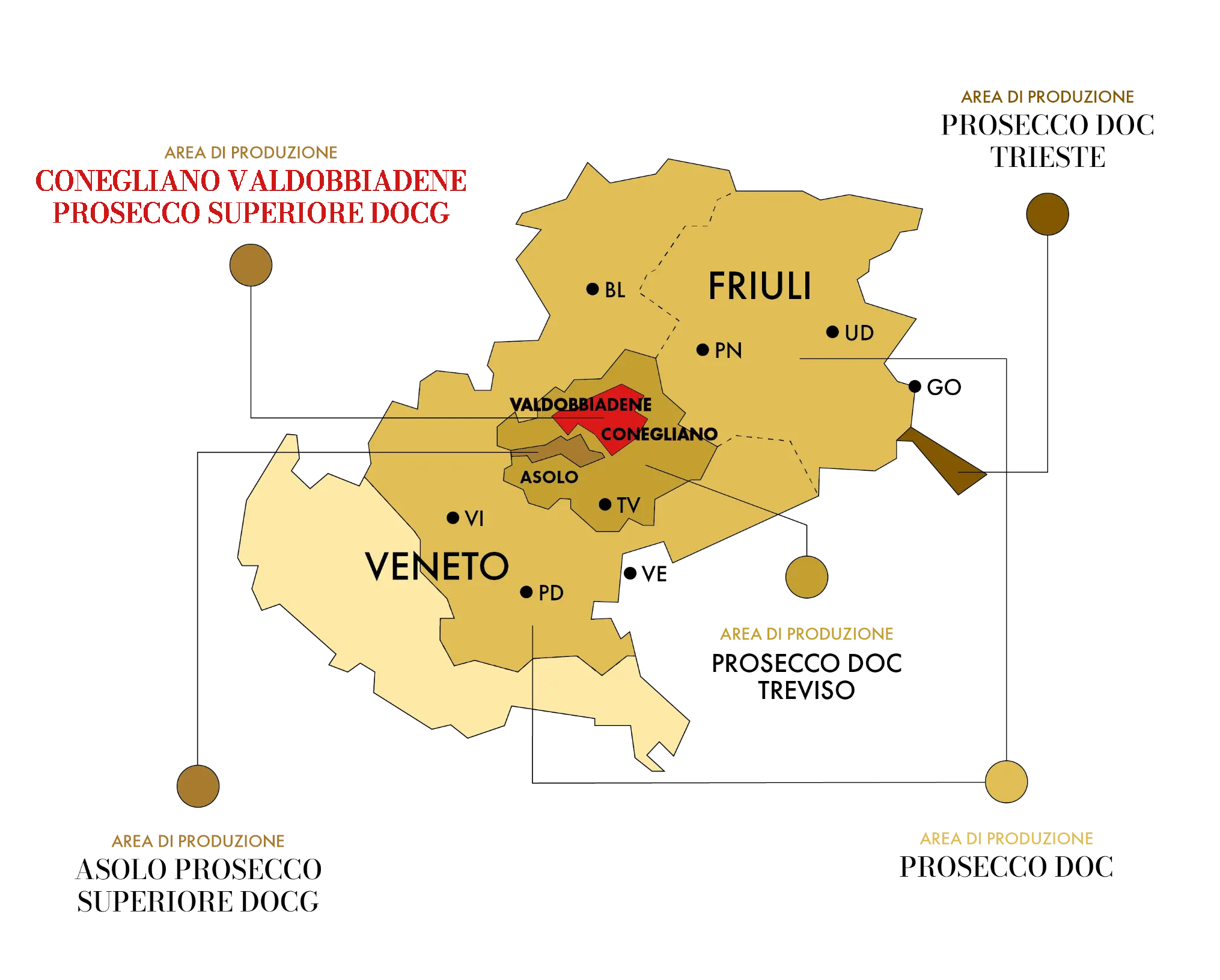 Map of the Prosecco production zones across Veneto and Friuli